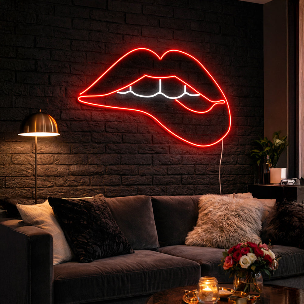 Cartel de neón liderado con labios mordidos - Planeta Neon Made in London Neon Signs