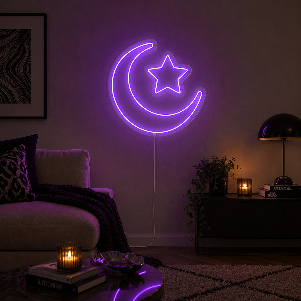 Crescent Moon und Star -LED -Neonzeichen - Planet Neon in London Neonzeichen gemacht
