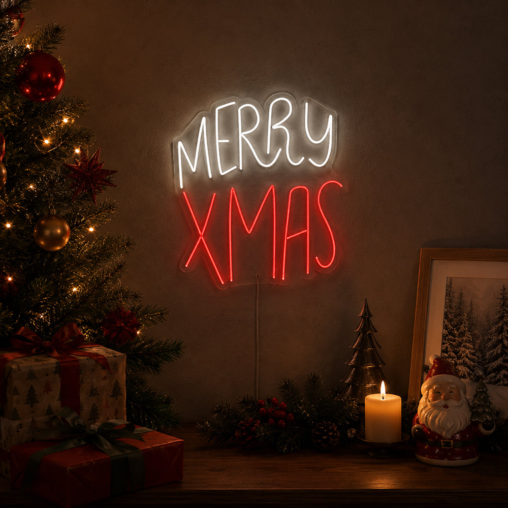 LED-Leuchtreklame „Merry Xmas“ – Hergestellt in London. Weihnachts-Leuchtreklamen